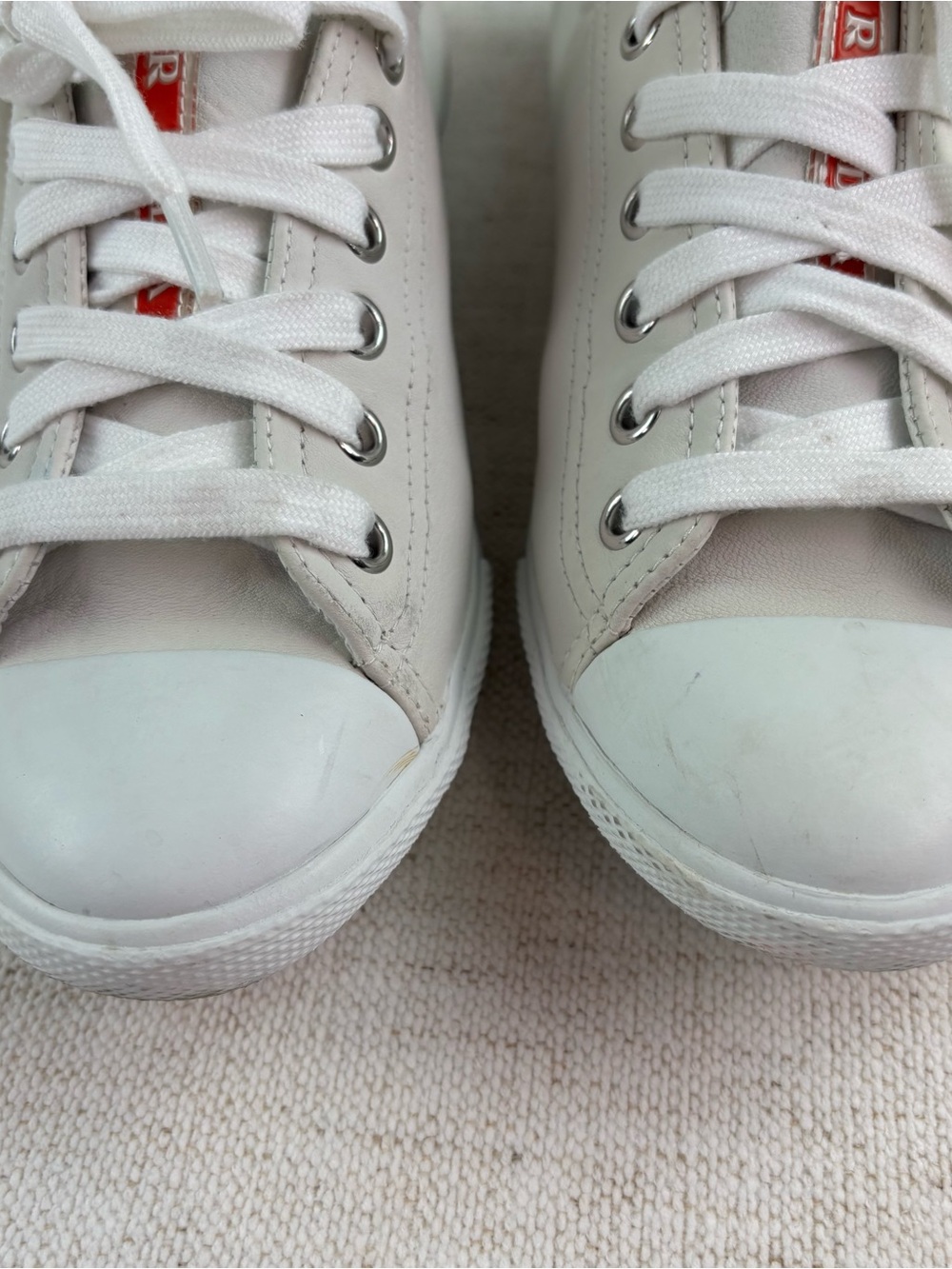 Prada women's size 38.5 White Leather low top Sneakers with Red Stripe Detail - Picture 16 of 16